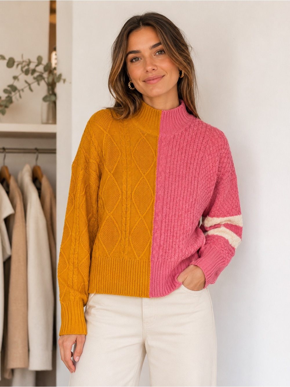 Nwt Central Park West Cable Knit Sweater Pink Mustard Medium